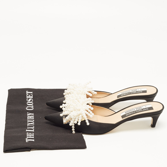 Sergio Rossi x Rosie Assoulin Black Satin Pearl Embellished Mules Size 39.5 - Picture 8 of 8
